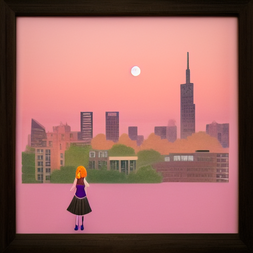 A girl looking across a city beneath a full moon